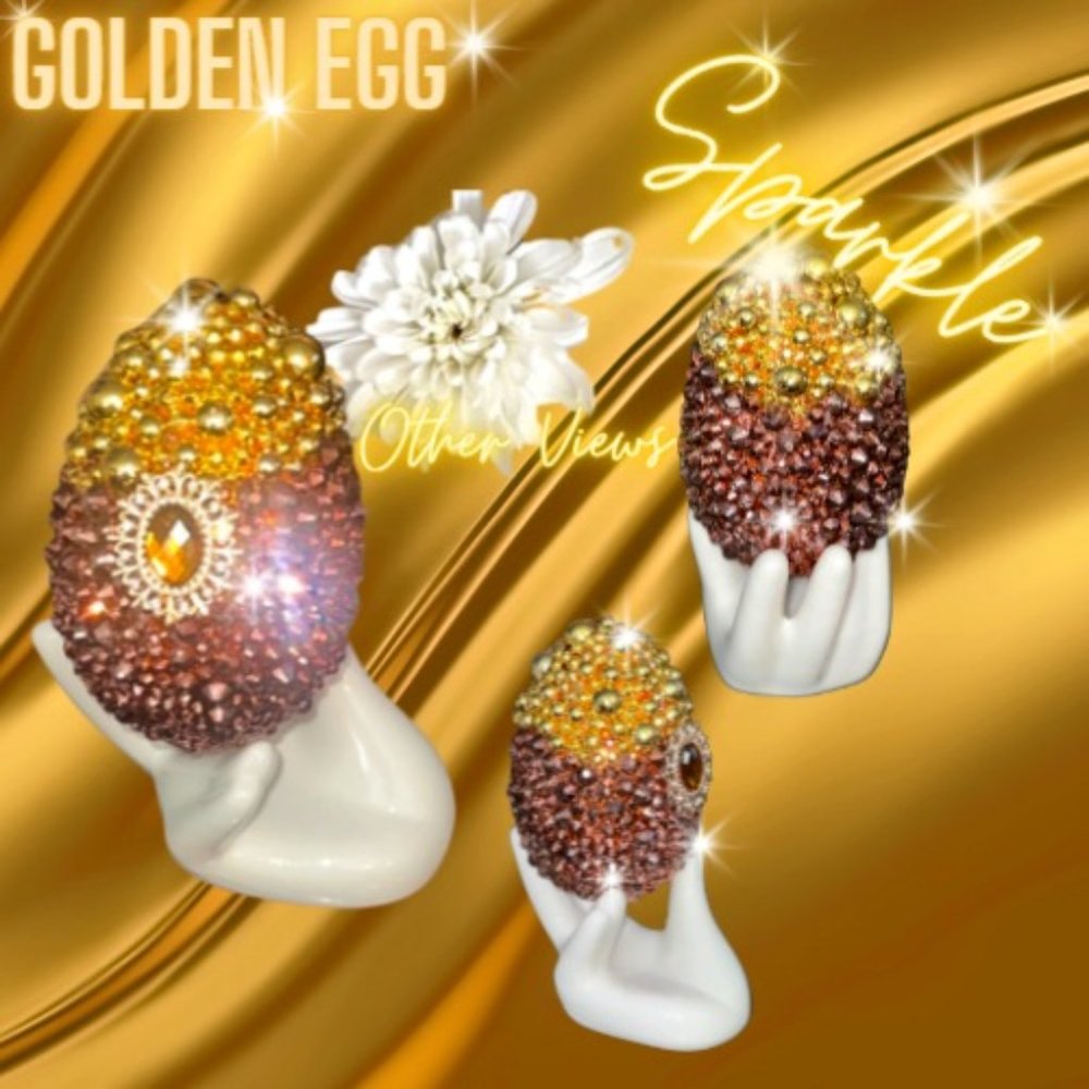 Easter Egg, Spring Decoration, Egg w/Cermaic Holder,Bling Gold Egg, Hanging egg
